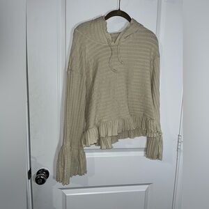 Heyson Beige Boho Chic Waffle Knit Ruffle Trim Pullover Sweater Hoodie Sz Large